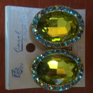 Fabulous Vintage Green/Lime Rhinestone Oval Gold Tone Clip-on Earrings